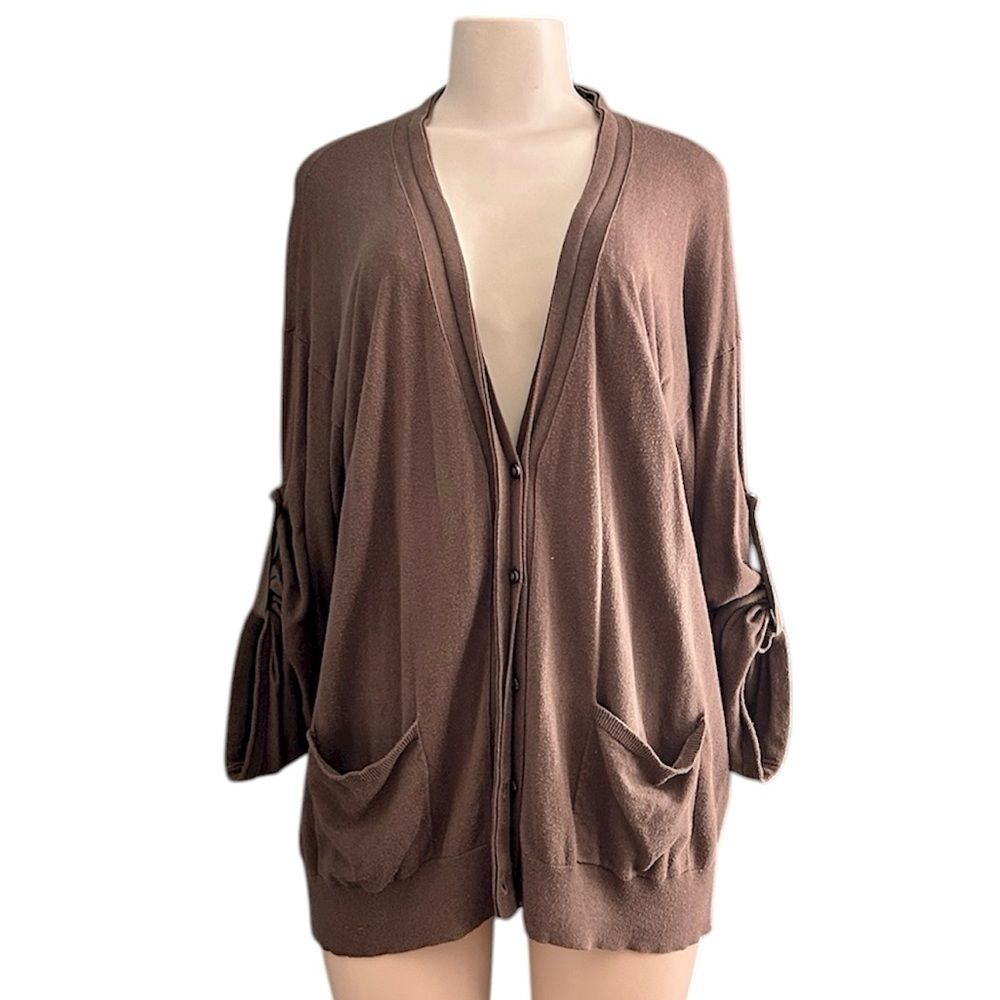 Ann Taylor Dark Olive Slouch Sleeve Deep Open Button Down Knit Cardigan Size XL